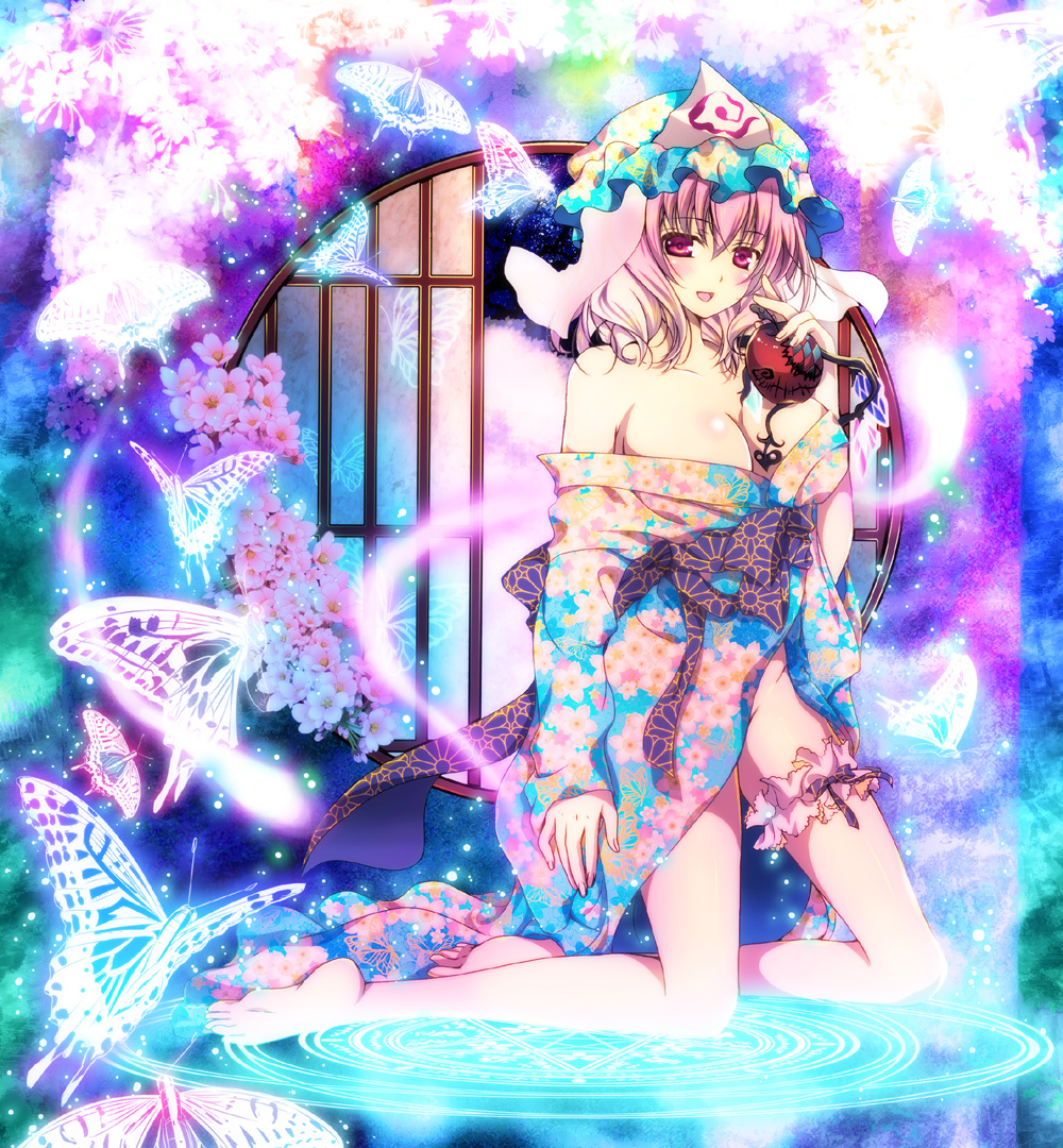 :d bare_shoulders barefoot blush breasts bug butterfly cleavage collarbone flower hat holding insect japanese_clothes kimono kneeling large_breasts looking_at_viewer magic_circle no_panties open_mouth pekopokox pink_eyes pink_hair round_window saigyouji_yuyuko short_hair smile solo touhou triangular_headpiece window