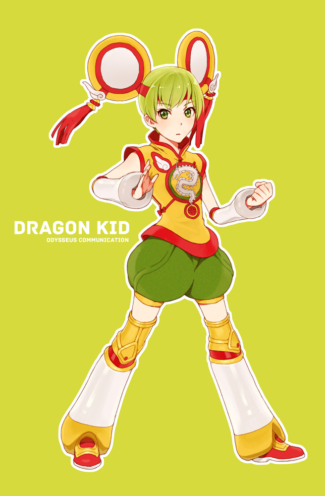 abe_(f!mixture) bad_id bad_pixiv_id character_name chinese_clothes detached_sleeves dragon_kid green_background green_eyes green_hair hat huang_baoling short_hair shorts simple_background solo superhero tiger_&amp;_bunny