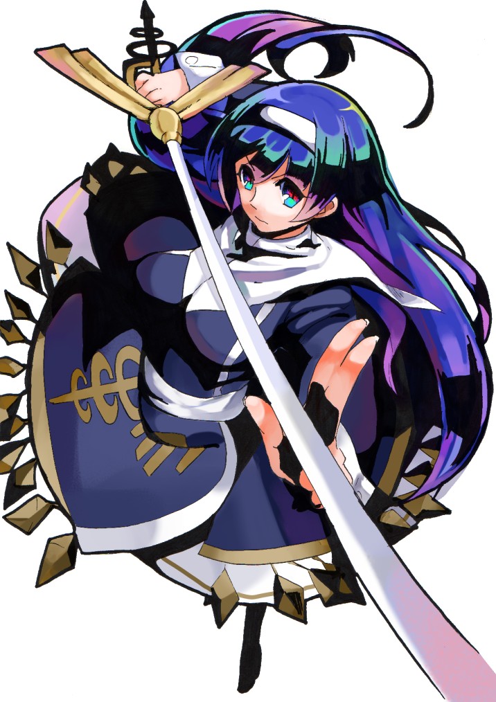 ahoge armor armored_dress bad_id bad_pixiv_id blue_eyes blue_hair breasts fighting_stance hairband huge_ahoge jerun long_hair orie_(under_night_in-birth) pantyhose rapier solo sword under_night_in-birth very_long_hair weapon wrist_cuffs