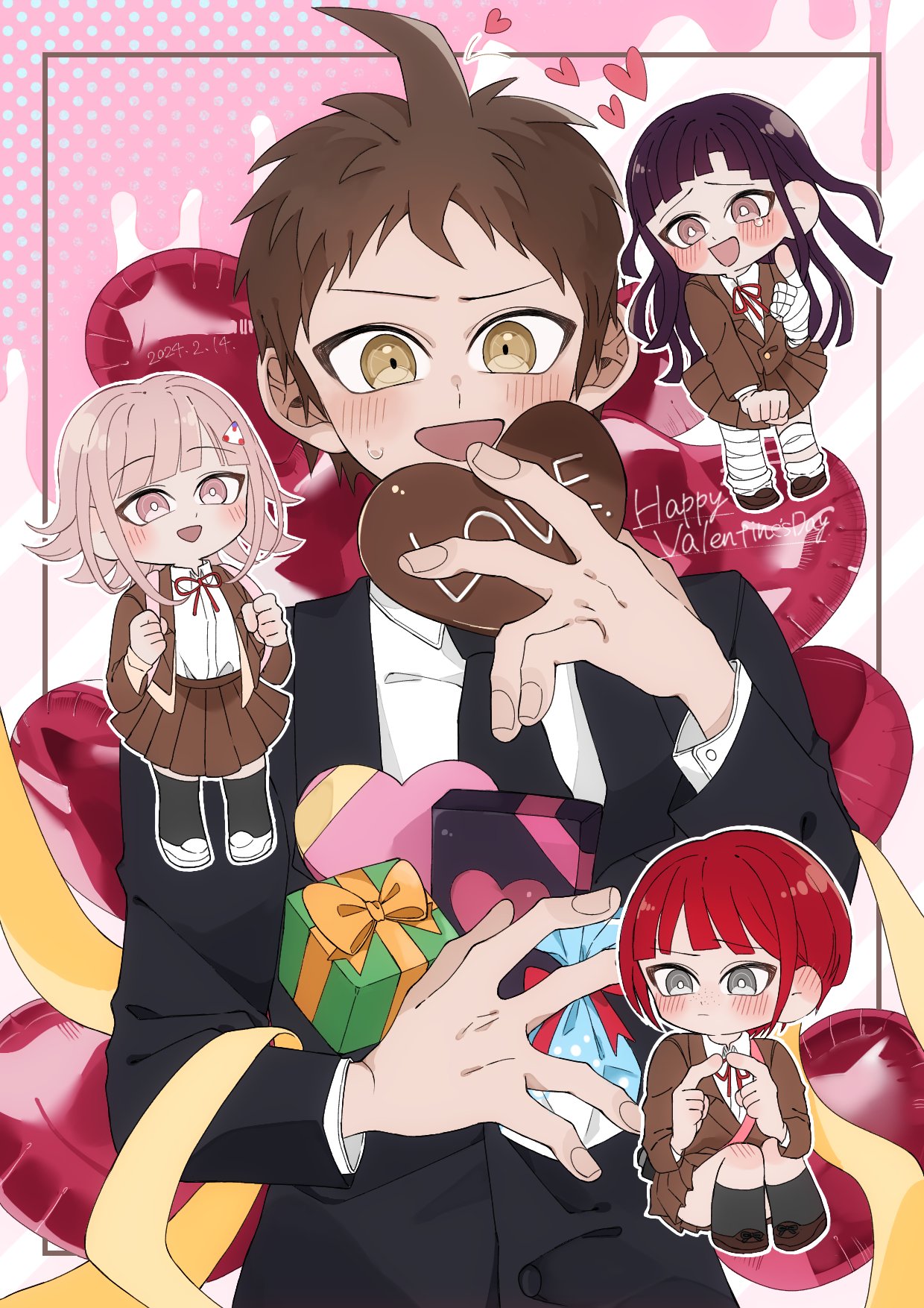 1boy 3girls :d ahoge black_hair black_jacket black_necktie black_pants black_socks black_thighhighs blush box brown_eyes brown_jacket brown_skirt danganronpa_(series) danganronpa_3_(anime) formal gift gift_box happy_valentine heart highres hinata_hajime holding hope's_peak_academy_school_uniform index_fingers_together jacket kneehighs koizumi_mahiru long_hair miniskirt multiple_girls nanami_chiaki neck_ribbon necktie nire_dangan open_mouth pants pink_background pink_eyes pleated_skirt red_hair red_ribbon ribbon school_uniform shirt_tucked_in short_hair sitting skirt smile socks thighhighs triangle_hair_ornament tsumiki_mikan