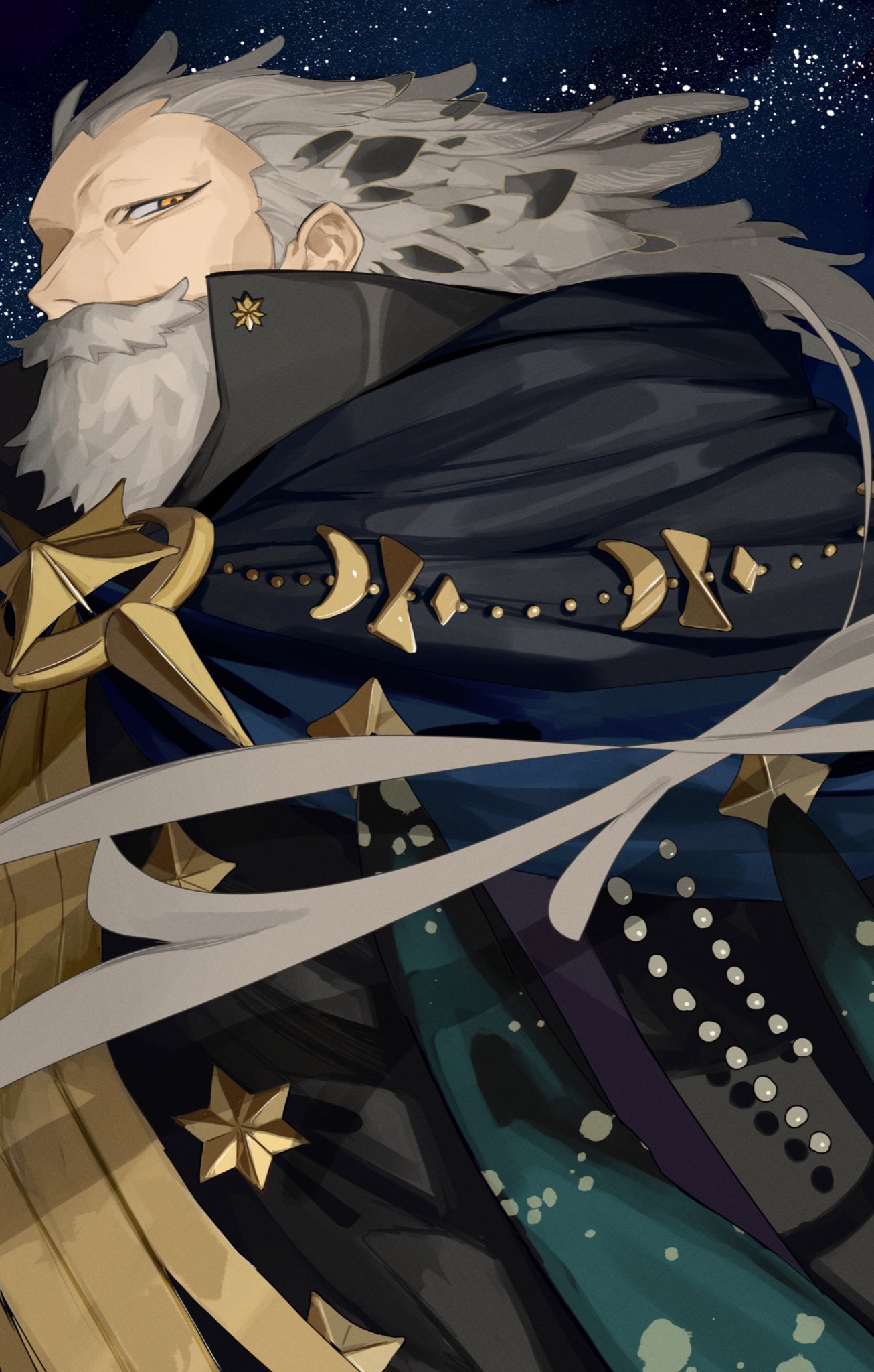 1boy beard facial_hair fate/grand_order fate_(series) full_beard grey_facial_hair grey_hair highres long_hair looking_to_the_side male_focus mustache old old_man ptolemy_(fate) robe sky solo star_(sky) starry_sky tokoni_fusu upper_body yellow_eyes