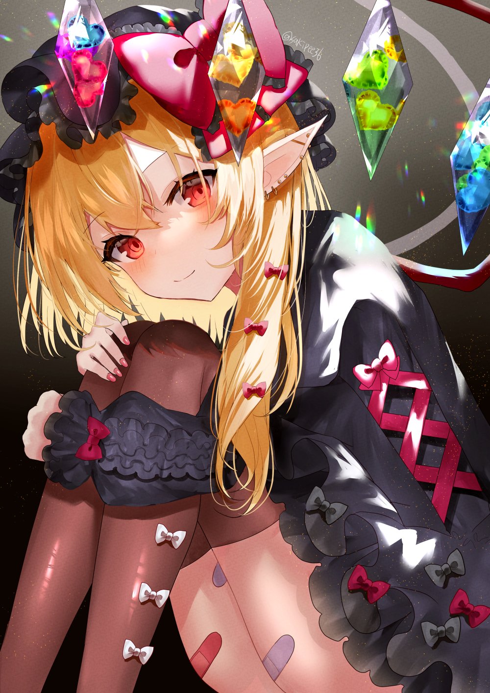 1girl alternate_costume bandaid bandaid_on_leg black_background black_dress black_headwear blonde_hair blush bow bow_legwear brown_thighhighs closed_mouth commentary crossed_bangs crystal dress dress_bow ear_piercing earrings eyelashes feet_out_of_frame flandre_scarlet from_side gothic_lolita hair_between_eyes hair_bow hat highres hoop_earrings hugging_own_legs jewelry leaning_forward legs_together lolita_fashion long_hair long_sleeves looking_at_viewer mob_cap piercing pointy_ears puffy_long_sleeves puffy_sleeves red_bow red_eyes sakizaki_saki-p side_ponytail simple_background sitting smile solo thighhighs touhou tsurime twitter_username white_bow wings