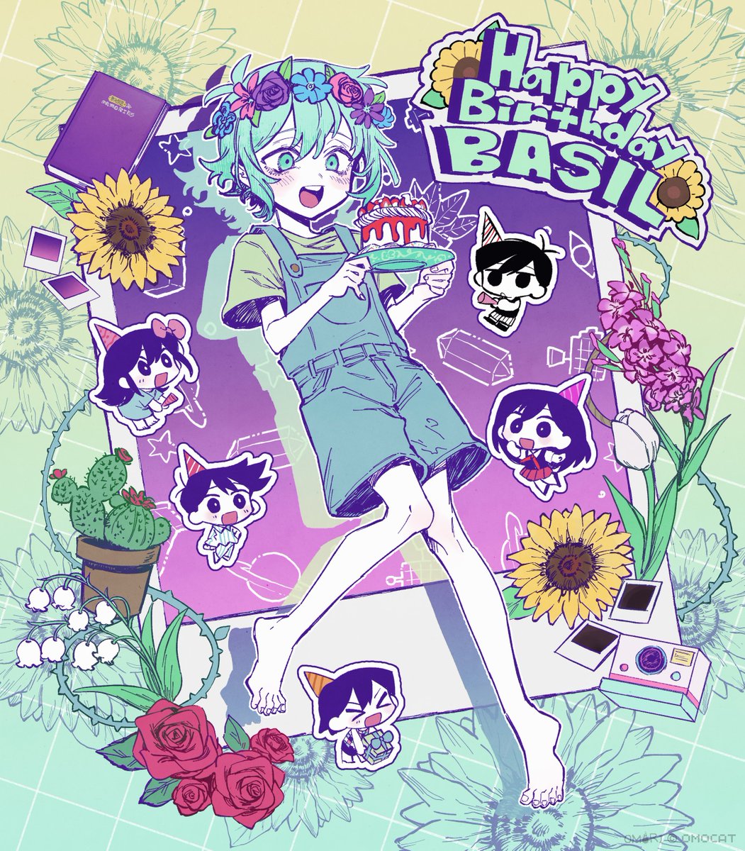 2girls 4boys aubrey_(headspace)_(omori) aubrey_(omori) barefoot basil_(headspace)_(omori) basil_(omori) black_hair blush cake camera colored_skin feet flower flower_wreath food green_hair green_shirt hair_between_eyes happy_birthday hat head_wreath hero_(headspace)_(omori) hero_(omori) highres kel_(headspace)_(omori) kel_(omori) legs long_hair mari_(headspace)_(omori) mari_(omori) multiple_boys multiple_girls nui_purple official_art omocat omori omori_(omori) overall_shorts overalls pajamas party_hat photo_(object) plant red_flower red_rose rose scrapbook shirt short_hair short_sleeves shorts smile sunflower teeth toenails toes tulip upper_teeth_only vines white_flower white_skin white_tulip