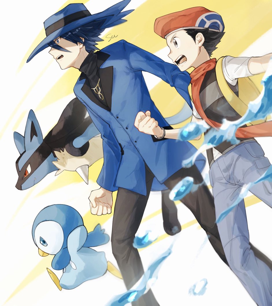 2boys backpack bag beret black_hair blue_eyes blue_hair blue_headwear grey_eyes hat lucario lucas_(pokemon) male_focus multiple_boys open_mouth piplup pokemon pokemon_(creature) pokemon_dppt pokemon_platinum red_scarf riley_(pokemon) sakurada_huwari scarf signature