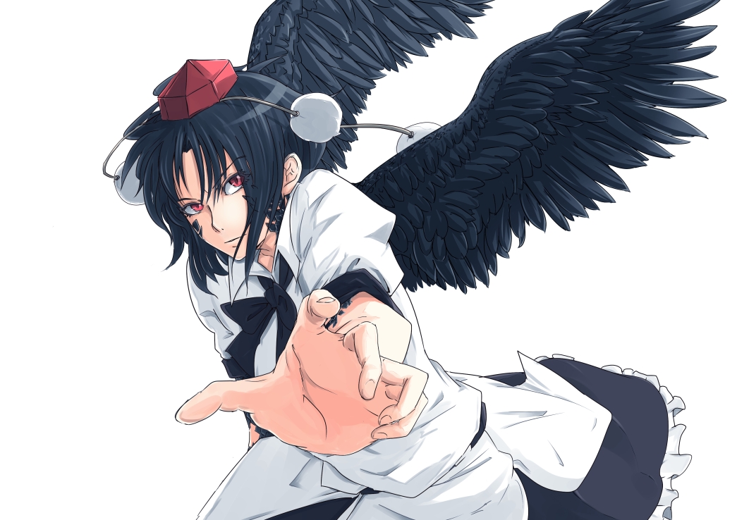 bad_id bad_pixiv_id black_hair cibo_(killy) hat looking_at_viewer necktie pom_pom_(clothes) puffy_short_sleeves puffy_sleeves red_hat serious shameimaru_aya shirt short_sleeves simple_background skirt solo tengu tokin_hat touhou white_background white_shirt wings