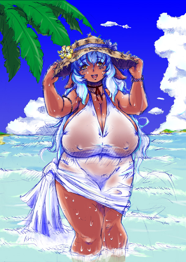 1girl areolae bare_shoulders beach blue_hair bracelet breasts choker curvy dress erect_nipples female gigantic_breasts hat jewelry large_areolae long_hair mound_of_venus nipples ocean open_mouth orange_eyes outdoors see-through solo standing summer sundress tatara thighs water wavy_hair wet wide_hips