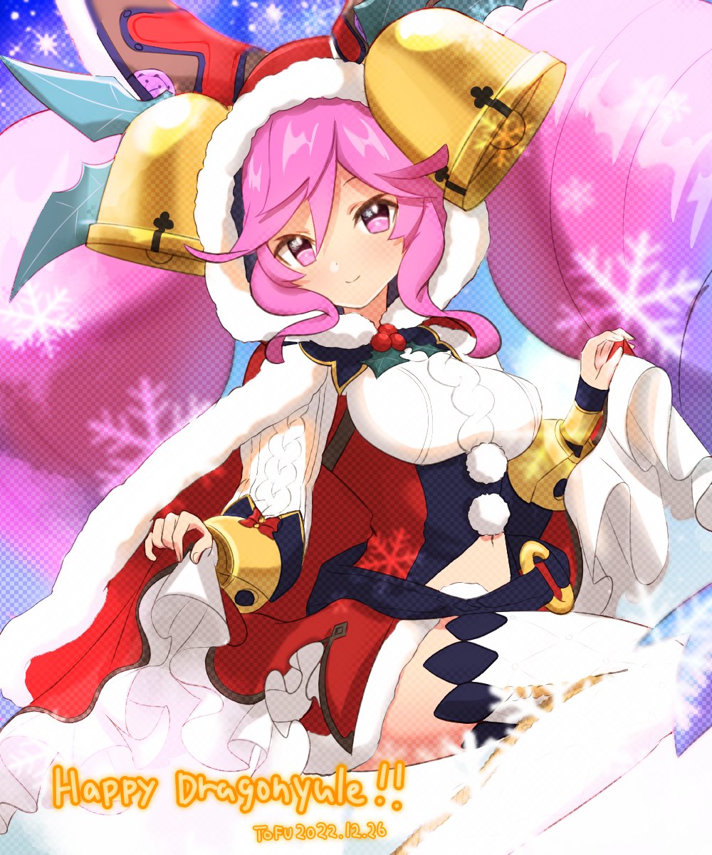 1girl artist_name bell big_hair cape christmas cleo_(dragalia_lost) closed_mouth dated dragalia_lost dress drill_hair hair_bell hair_between_eyes hair_ornament highres hood hood_up long_hair long_sleeves looking_at_viewer midriff official_alternate_costume pink_eyes pink_hair red_cape red_dress silken_tofu skirt_hold smile snowflakes solo thighhighs twin_drills very_long_hair white_thighhighs