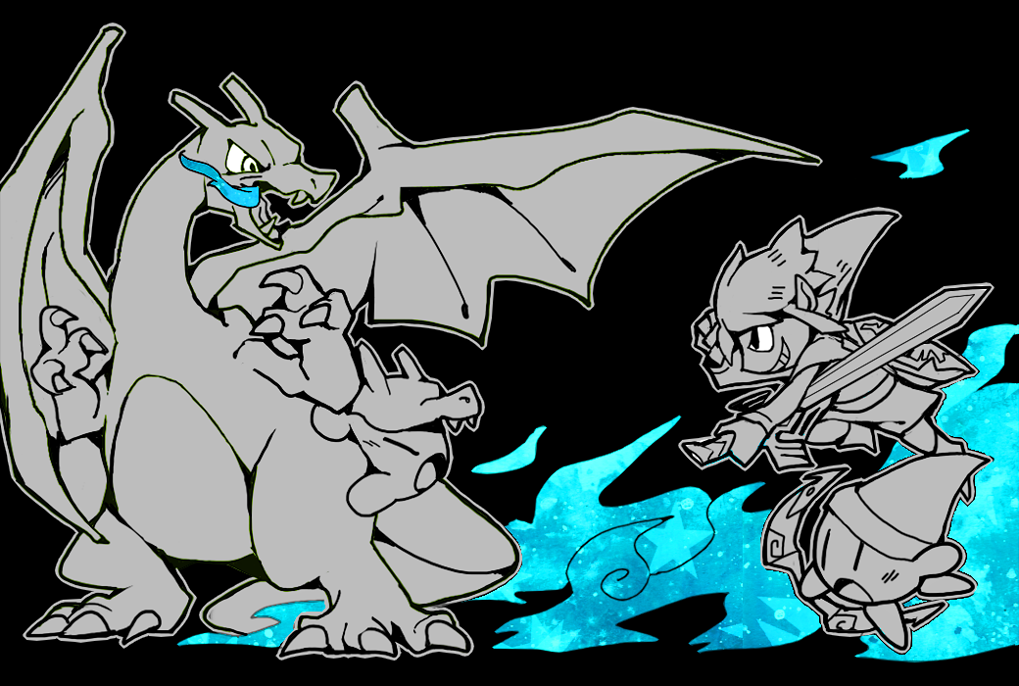 1boy black_background blue_fire boots breathing_fire charizard claws clone closed_eyes commentary_request copy_ability crossbow dragon_wings fire from_side full_body greyscale grin hand_on_own_head holding holding_another's_leg holding_crossbow holding_sword holding_weapon kirby kirby_(series) link looking_at_another master_sword monochrome open_mouth outline pointy_ears pointy_footwear pointy_hair pokemon pokemon_(creature) shield shield_on_back shirt short_hair shorts simple_background smile solid_oval_eyes spot_color super_smash_bros. sword teijiro the_legend_of_zelda toon_link tunic weapon white_outline wings