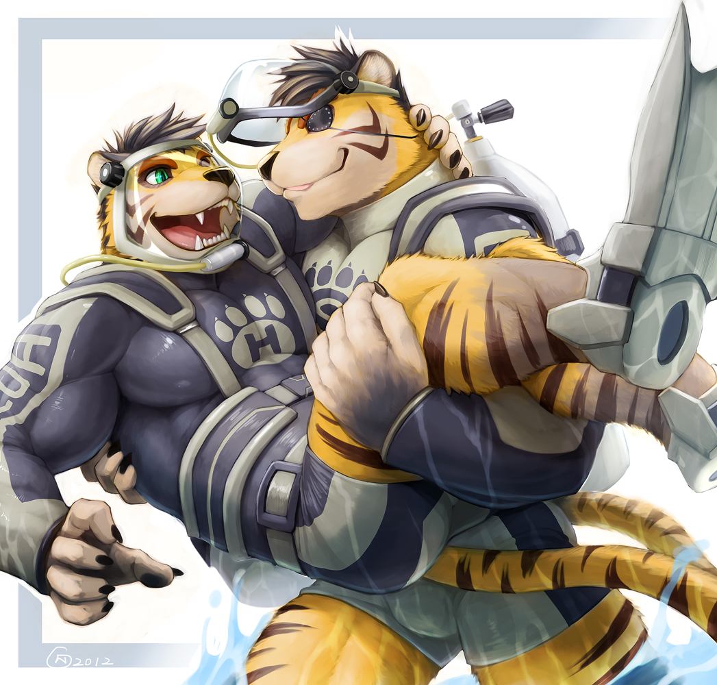 belt biceps body_markings bulge carrying claws clothing couple diving_suit eye_patch eyewear feline flippers fur gay green_eyes gripping hair holding male mammal markings mask muscles nipples null-ghost pecs shoes stripes suit tiger water wetsuit