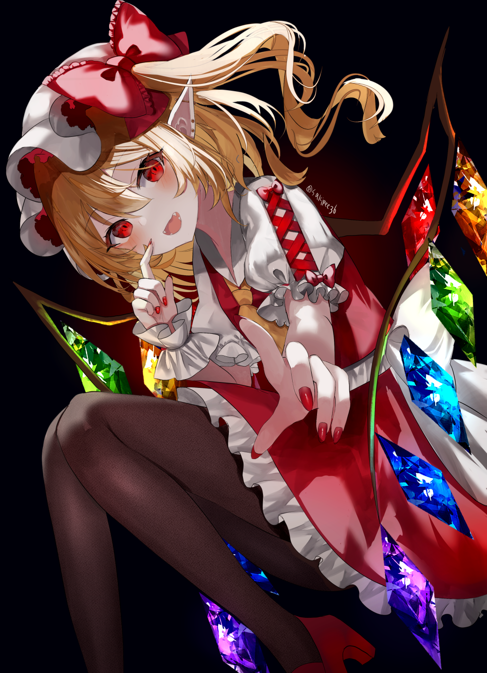 1girl :d ascot barbell_piercing black_background black_eyeliner black_pantyhose blonde_hair blush bow cross-laced_clothes cross-laced_sleeves crystal ear_piercing embodiment_of_scarlet_devil eyelashes eyeliner fang fangs flandre_scarlet frilled_cuffs frilled_hat frilled_skirt frills hat hat_ribbon highres jewelry looking_at_viewer makeup mob_cap multicolored_wings multiple_piercings nail_polish one_side_up open_mouth pantyhose piercing pointing pointing_at_viewer pointy_ears puffy_short_sleeves puffy_sleeves reaching reaching_towards_viewer red_bow red_eyes red_nails red_skirt red_vest ribbon sakizaki_saki-p shirt short_hair short_sleeves side_ponytail simple_background skirt skirt_set smile solo touhou vest white_headwear wings wrist_cuffs yellow_ascot