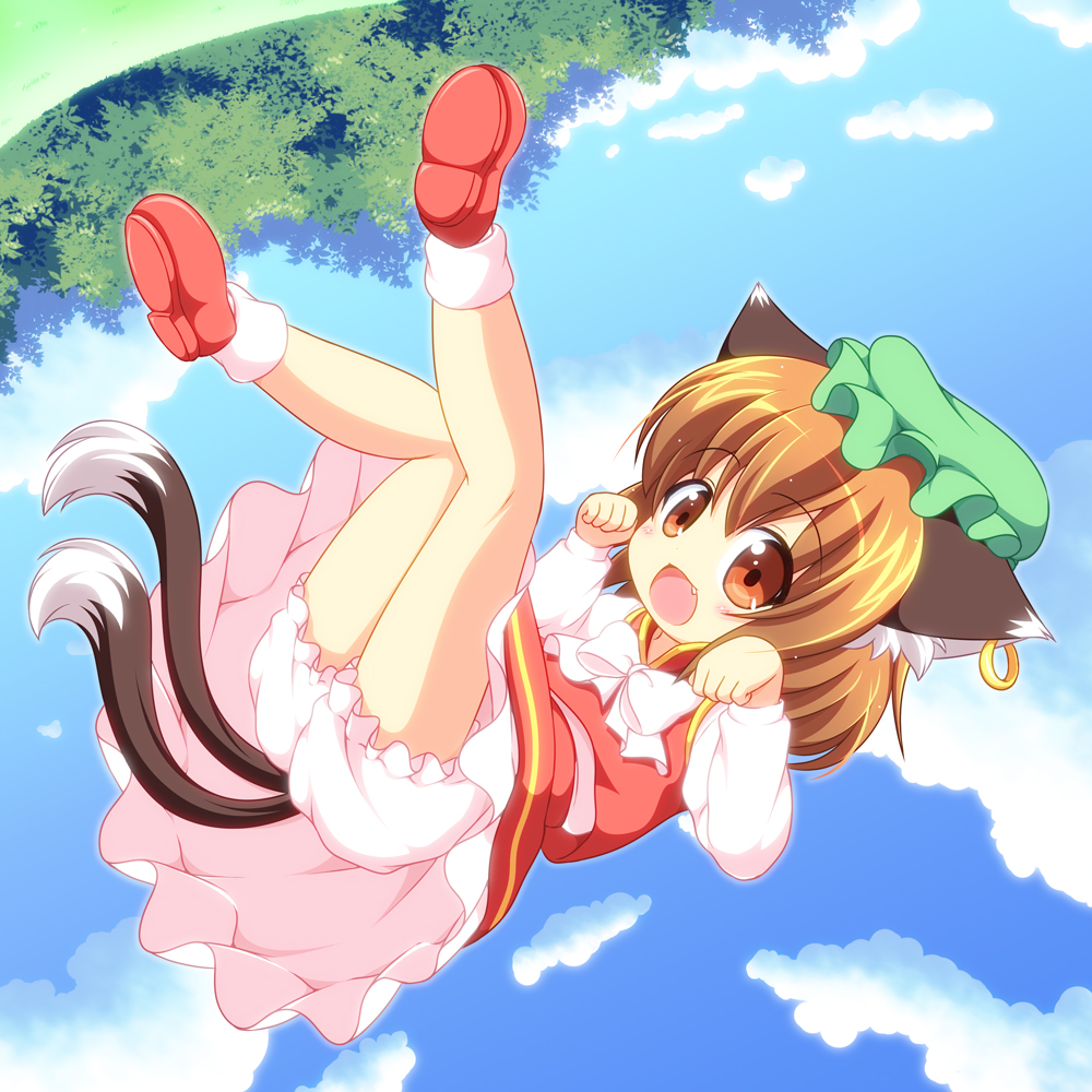 animal_ears bare_legs bloomers blue_sky blush bow brown_eyes brown_hair cat_ears cat_tail chen cloud day fang flying hat jewelry long_sleeves looking_at_viewer multiple_tails nekomata open_mouth paw_pose pila-pela red_footwear shirt shoes short_hair single_earring skirt skirt_set sky solo tail touhou underwear upskirt vest