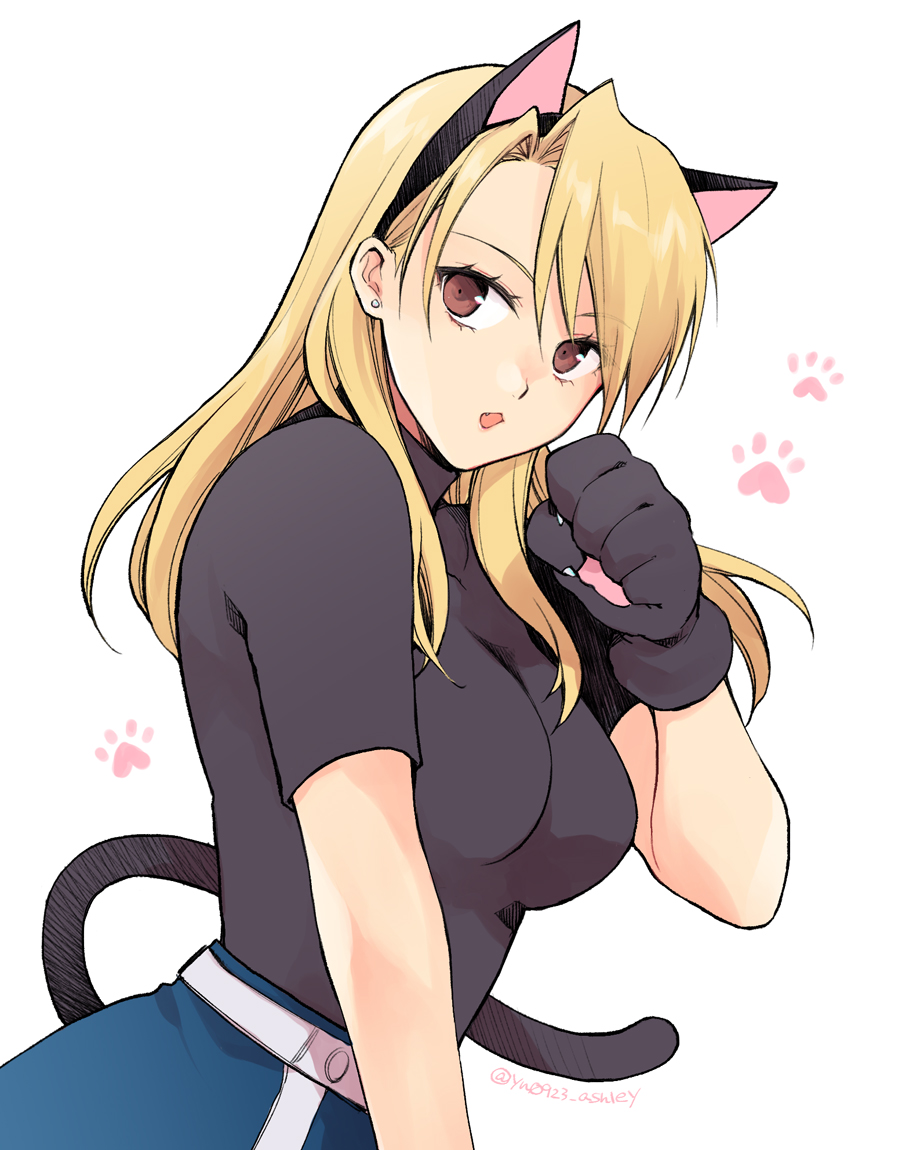 1girl :o adjusting_eyewear amestris_military_uniform animal_ear_hairband animal_ears animal_hands black_shirt blonde_hair breasts brown_eyes cat_ears cat_tail dutch_angle earrings fake_animal_ears from_side fullmetal_alchemist gloves hair_down hairband hand_up jacket jewelry large_breasts long_hair looking_at_viewer looking_to_the_side no_jacket parted_lips paw_gloves paw_pose paw_print riza_hawkeye shirt short_sleeves simple_background solo stud_earrings swept_bangs tail takafuji_yuna turtleneck twitter_username upper_body white_background