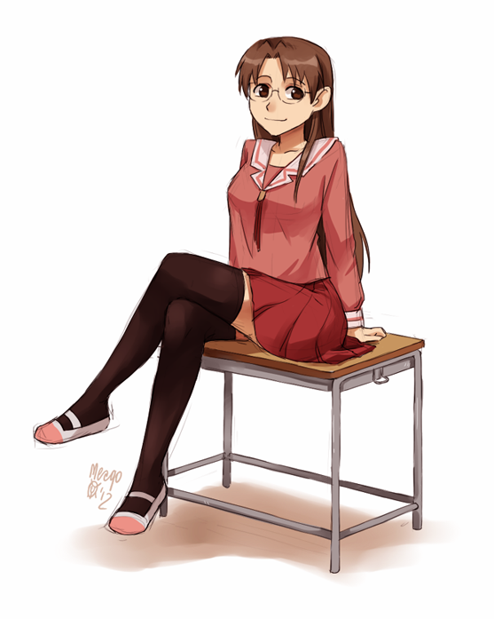 azumanga_daiou brown_eyes brown_hair crossed_legs desk glasses meago mizuhara_koyomi school_uniform serafuku simple_background sitting smile solo thighhighs