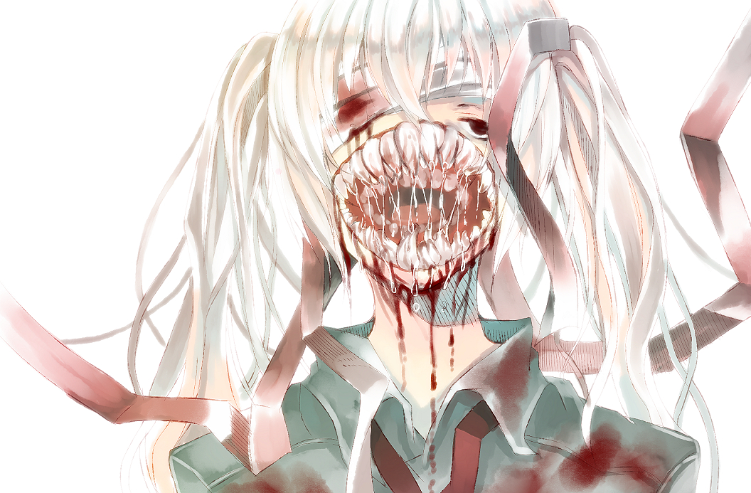 1girl bandages blood chitose_mame kaibutsu monster_girl mouth saliva sharp_teeth solo teeth twintails white_hair