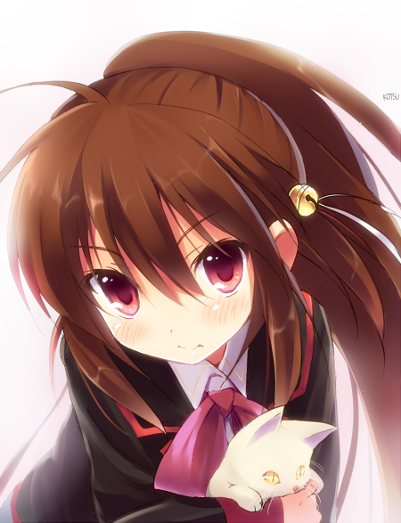 3: bell bow brown_hair cat hair_bell hair_ornament kotsu lennon little_busters! long_hair natsume_rin pink_bow red_eyes school_uniform