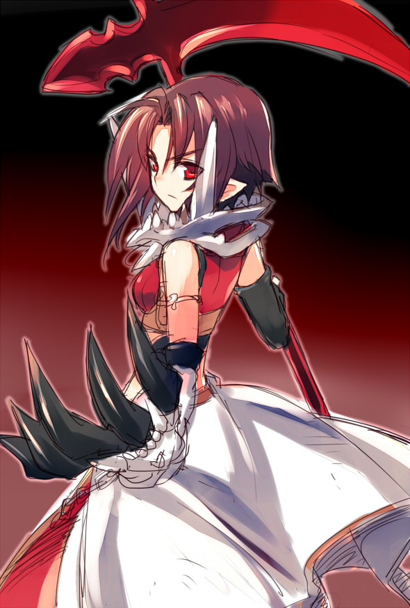 armor armored_dress black_background brown_hair claws dress expressionless gradient gradient_background hiro_(spectral_force) holding holding_scythe looking_back pointy_ears red_background red_eyes scythe short_hair sketch solo spectral_(series) spectral_force spectral_vs_generation wanko_(takohati8) white_dress