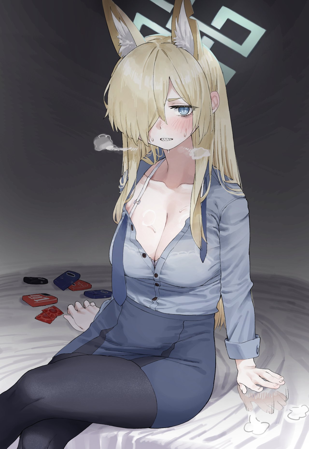 1girl animal_ear_fluff animal_ears blonde_hair blue_archive blue_eyes blue_halo blue_shirt breasts cleavage condom condom_wrapper hair_over_one_eye halo highres kanna_(blue_archive) large_breasts long_hair lonklink on_bed pantyhose sharp_teeth shirt skirt steaming_body sweatdrop teeth