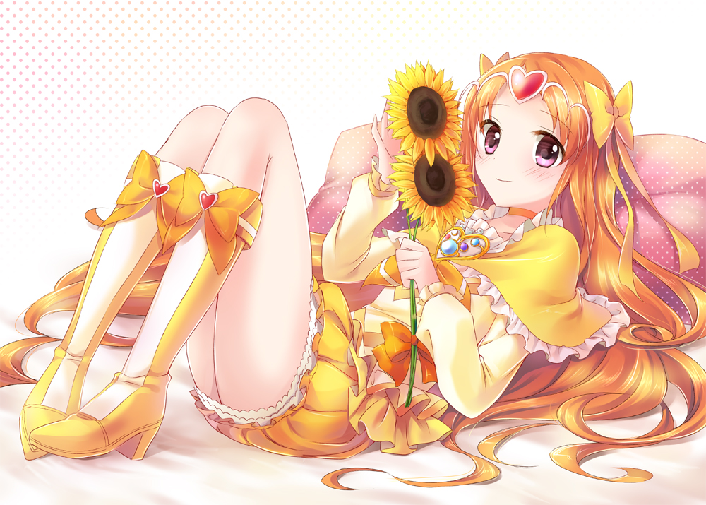 boots bow brooch bubble_skirt choker circlet cure_muse_(yellow) flower frills full_body heart jewelry knee_boots long_hair magical_girl oimo orange_hair pillow pink_eyes precure shirabe_ako skirt smile solo suite_precure sunflower yellow_bow yellow_choker yellow_skirt