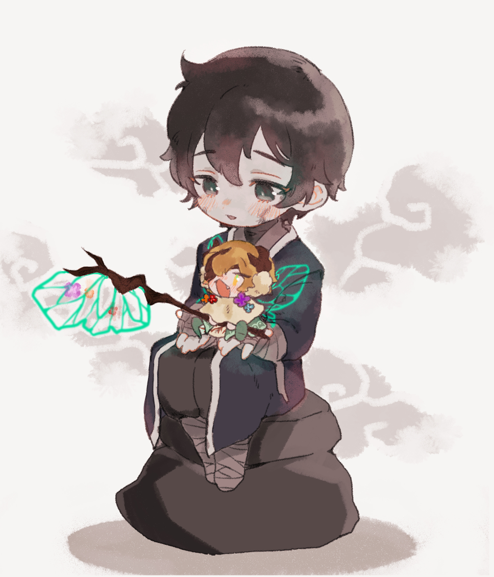 2boys axe black_eyes black_hair black_hanbok black_pants blonde_hair blush capelet chibi cloud e.g.o_(project_moon) earmuffs fairy_wings fang hand_wraps holding holding_axe leg_wrap limbus_company mini_person miniboy multiple_boys open_mouth pants parted_lips project_moon simple_background sinclair_(project_moon) sitting smile uchimura_(rino0525) white_background white_capelet wings yi_sang_(project_moon)