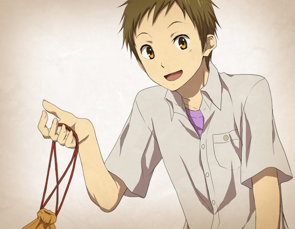 :d bag breast_pocket brown_eyes brown_hair buttons collared_shirt dress_shirt fukube_satoshi gradient gradient_background grey_shirt holding hyouka looking_at_viewer male_focus open_mouth pocket pouch rito453 shirt short_sleeves smile solo upper_body wing_collar
