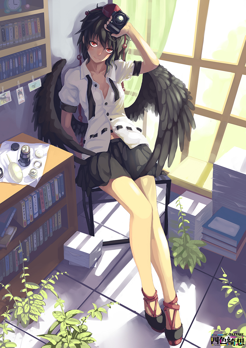 bare_legs black_hair book bookshelf camera chair collarbone curtains full_body legs light_smile long_legs looking_at_viewer madyy messy_hair photo_(object) red_eyes shameimaru_aya short_hair sitting skirt smile solo thighs touhou untied window wings