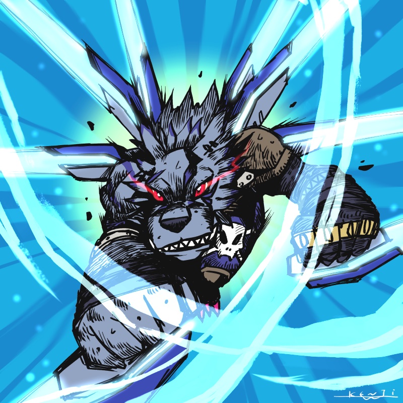 1other artist_name brass_knuckles denim digimon digimon_(creature) digimon_adventure:_(2020) energy_blade energy_wings glowing glowing_eyes jeans mechanical_wings official_art pants red_eyes shoulder_pads signature watanabe_kenji weapon weregarurumon weregarurumon_sagittarius_mode werewolf wings wolf