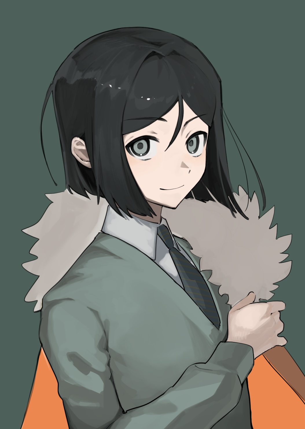 1boy black_hair black_necktie cape fate/zero fate_(series) fur-trimmed_cape fur_trim green_background green_sweater grey_eyes highres long_sleeves looking_at_viewer male_focus necktie orange_cape shirt short_hair side_cape smile solo sweater tokoni_fusu upper_body waver_velvet white_shirt