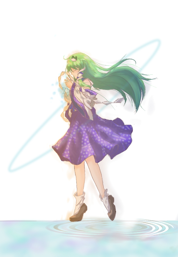 1girl blue_skirt brown_footwear frog_hair_ornament green_eyes green_hair hair_ornament japanese_clothes kochiya_sanae long_hair miko nontraditional_miko ripples shee_take skirt snake_hair_ornament socks solo touhou walking walking_on_liquid water white_background white_socks wind