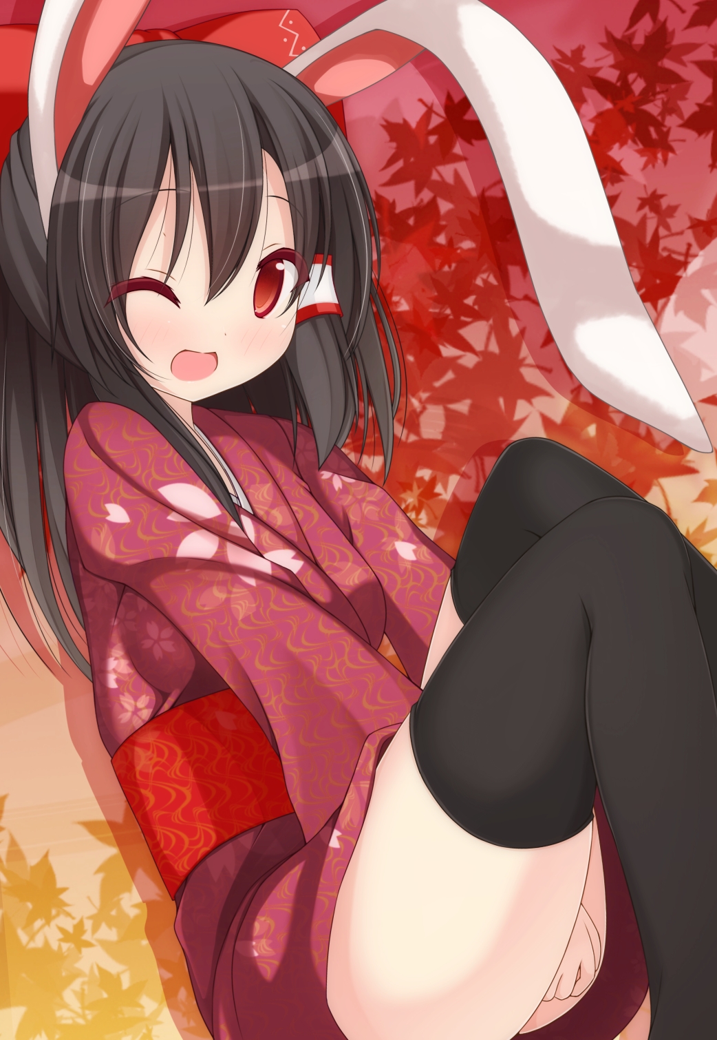 ;d alternate_costume animal_ears autumn_leaves black_legwear blush bow brown_hair bunny_ears chimunge hair_bow hair_tubes hakurei_reimu highres japanese_clothes kimono long_hair looking_at_viewer one_eye_closed open_mouth red_eyes smile solo thighhighs touhou