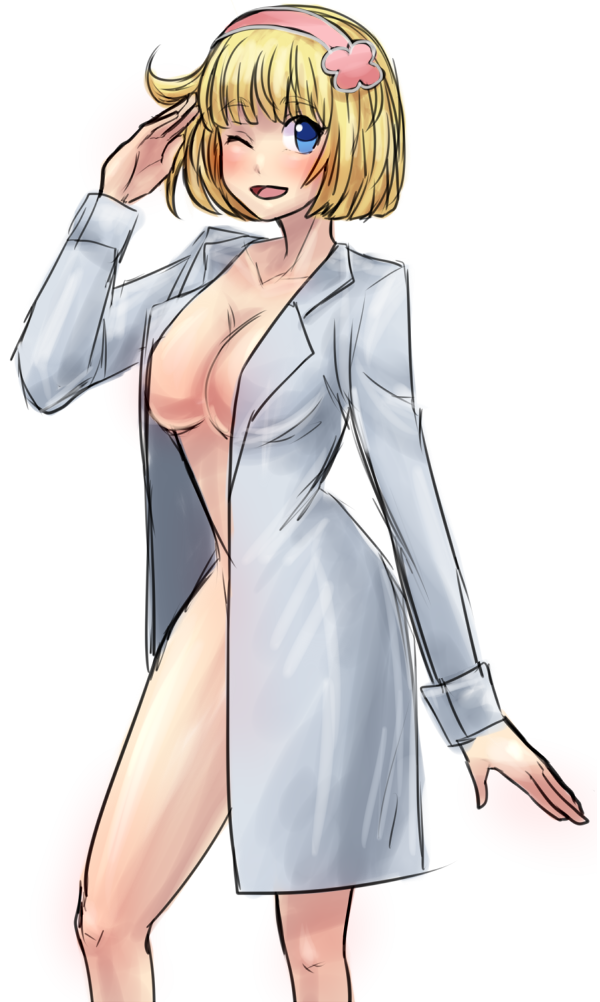 blonde_hair blue_eyes breasts cleavage cosette_coalhearth hairband labcoat large_breasts naked_labcoat nude one_eye_closed pltrgst salute senjou_no_valkyria senjou_no_valkyria_2 short_hair smile solo