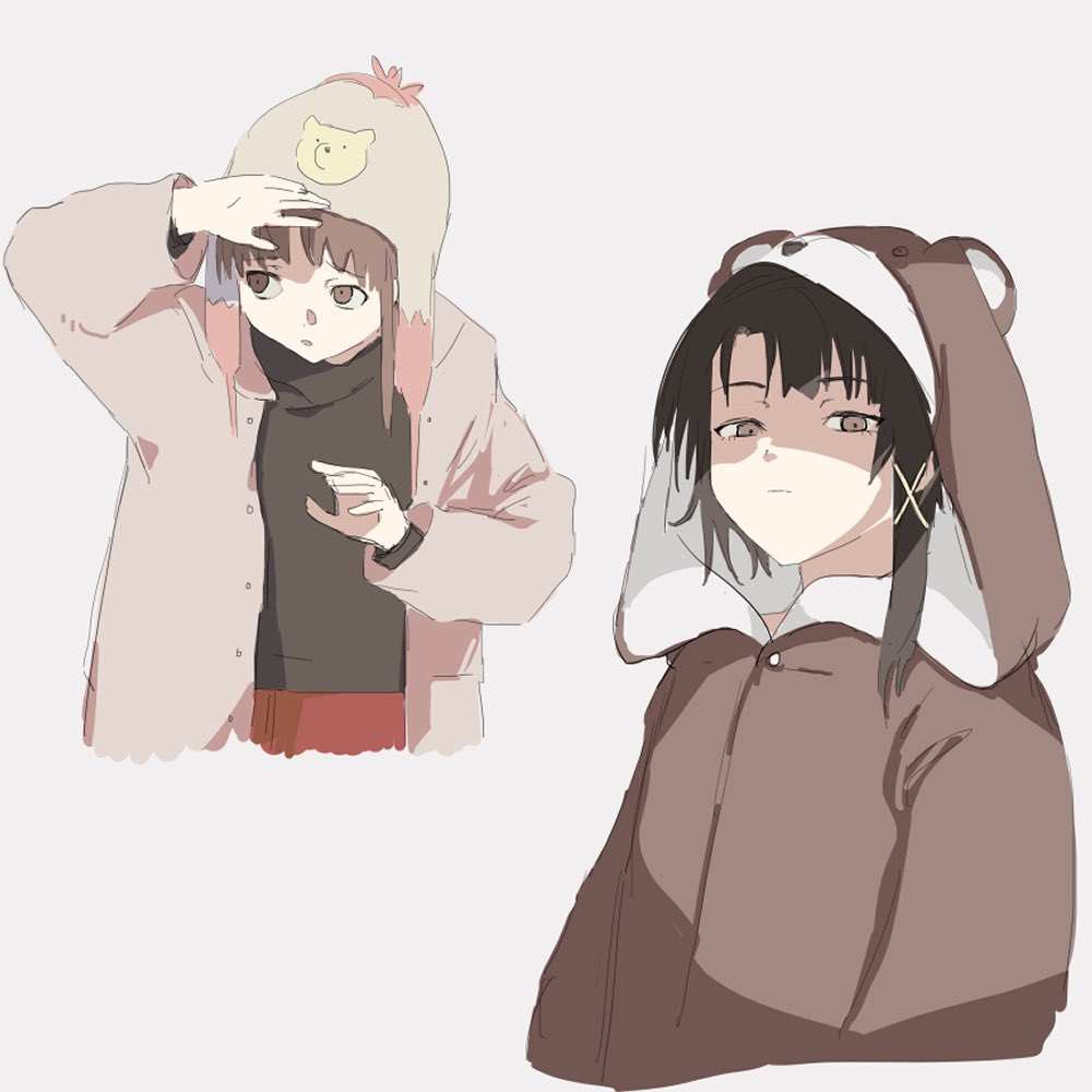 1girl asymmetrical_sidelocks black_sweater brown_coat brown_eyes brown_hair brown_headwear coat cropped_torso disdain grey_background hair_ornament hood hood_up iwakura_lain kaigan0211 long_sleeves looking_at_viewer looking_up multiple_views onesie serial_experiments_lain shaded_face simple_background solo_focus sweater upper_body x_hair_ornament