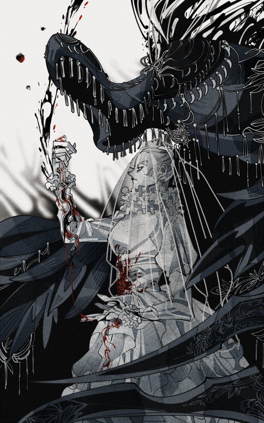 blood bloodborne bridal_veil closed_mouth commentary dagger drenched-in-sunlight dress english_commentary highres holding holding_dagger holding_knife holding_weapon knife mergo's_wet_nurse pale_skin scythe v-shaped_eyebrows veil weapon wedding_dress white_background white_hair yharnam_phtumerian_queen