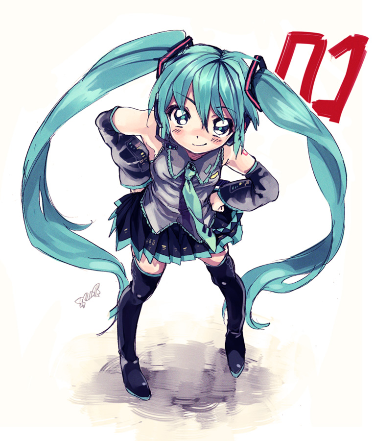 amezawa_koma aqua_eyes aqua_hair boots detached_sleeves hands_on_hips hatsune_miku headset long_hair looking_at_viewer necktie skirt smile solo thigh_boots thighhighs twintails very_long_hair vocaloid