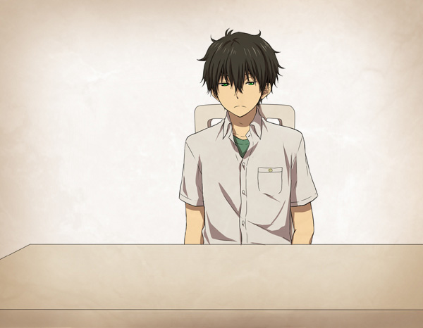 bangs black_hair breast_pocket chair closed_mouth collarbone collared_shirt dress_shirt expressionless gradient gradient_background green_eyes grey_shirt hair_between_eyes hyouka male_focus oreki_houtarou pocket rito453 shirt sitting solo table upper_body wing_collar