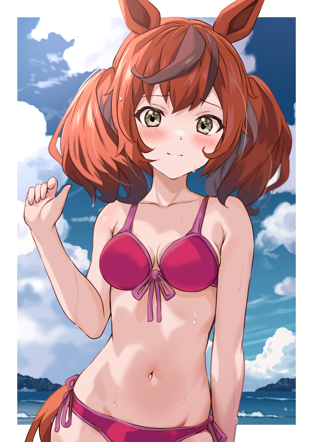 1girl animal_ears bare_arms bare_shoulders beach bikini blush breasts brown_hair closed_mouth cowboy_shot day ear_covers grey_eyes halterneck highres horse_ears horse_girl horse_tail innertube kurumiyasan_ns medium_breasts medium_hair multicolored_hair nice_nature_(umamusume) ocean open_mouth outdoors red_bikini red_hair side-tie_bikini_bottom sideboob solo string_bikini swim_ring swimsuit tail two-tone_hair two_side_up umamusume