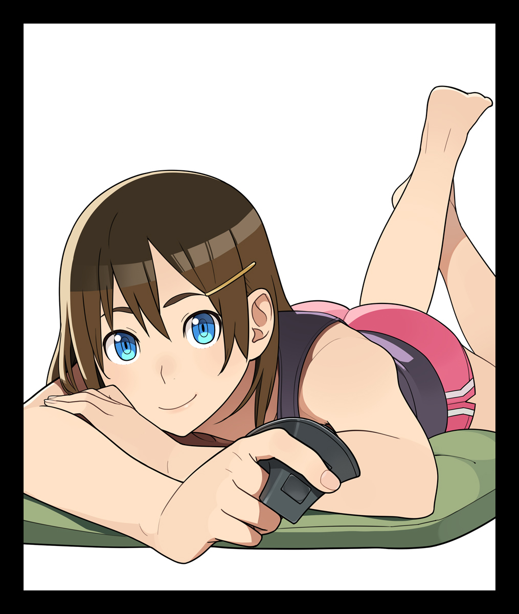 ass barefoot blue_eyes brown_hair copyright_request go_robots hair_ornament hairclip highres lying on_stomach shorts solo