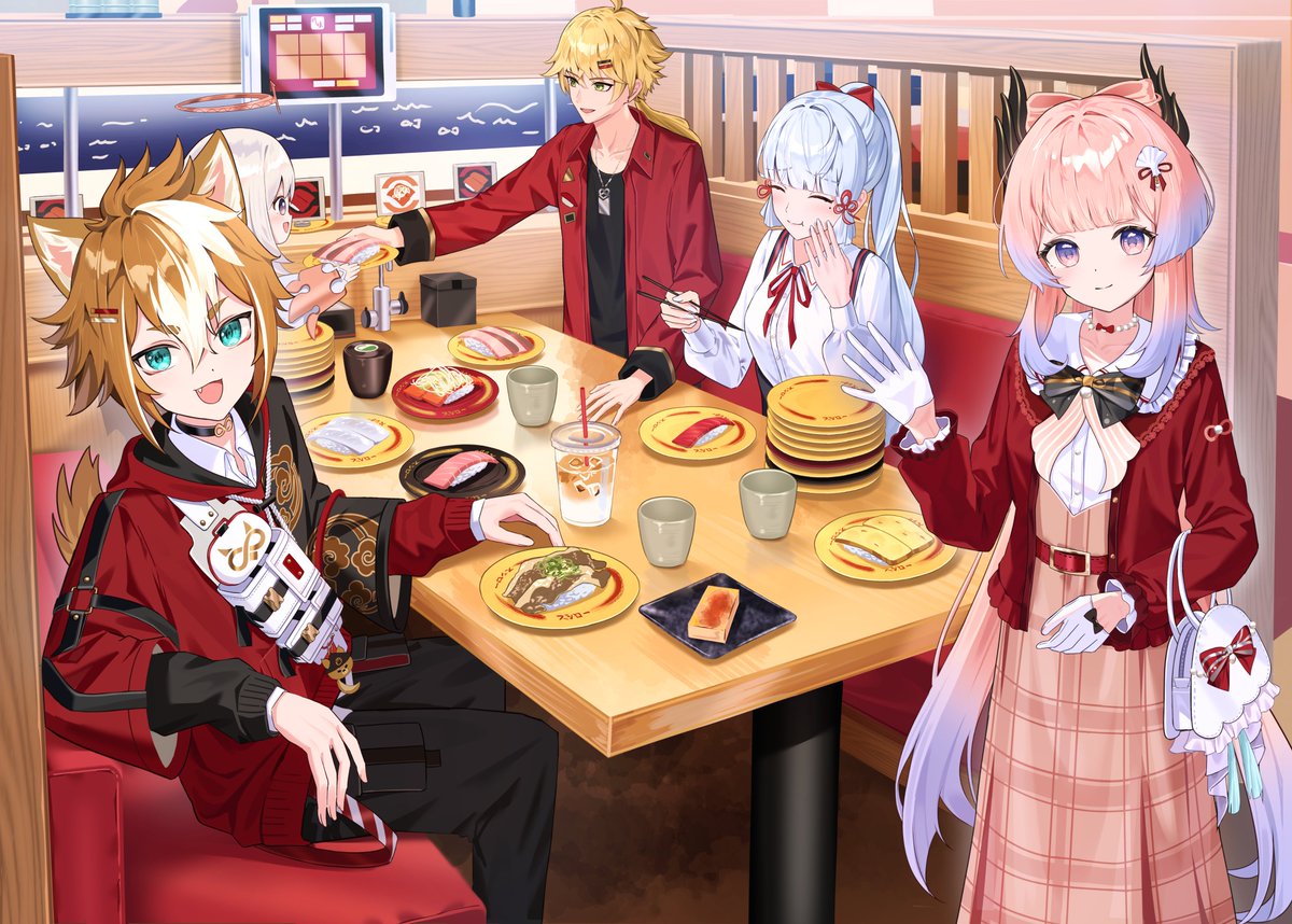 2boys 3girls alternate_costume belt black_bow blue_hair bow bow-shaped_hair closed_eyes closed_mouth collar colored_tips dress eating food genshin_impact glove_bow gloves gorou_(genshin_impact) gorou_(sushiro)_(genshin_impact) hair_bow half_gloves halo jacket jewelry kamisato_ayaka komiya_latte long_hair long_sleeves looking_at_viewer multicolored_hair multiple_boys multiple_girls necklace official_alternate_costume open_clothes open_jacket outdoors paimon_(genshin_impact) pink_dress pink_hair ponytail purple_eyes red_belt red_bow red_jacket red_ribbon ribbon sangonomiya_kokomi sangonomiya_kokomi_(sushiro) shirt sidelocks sitting smile standing striped_clothes striped_dress sushi thoma_(genshin_impact) waving white_bag white_collar white_gloves white_shirt