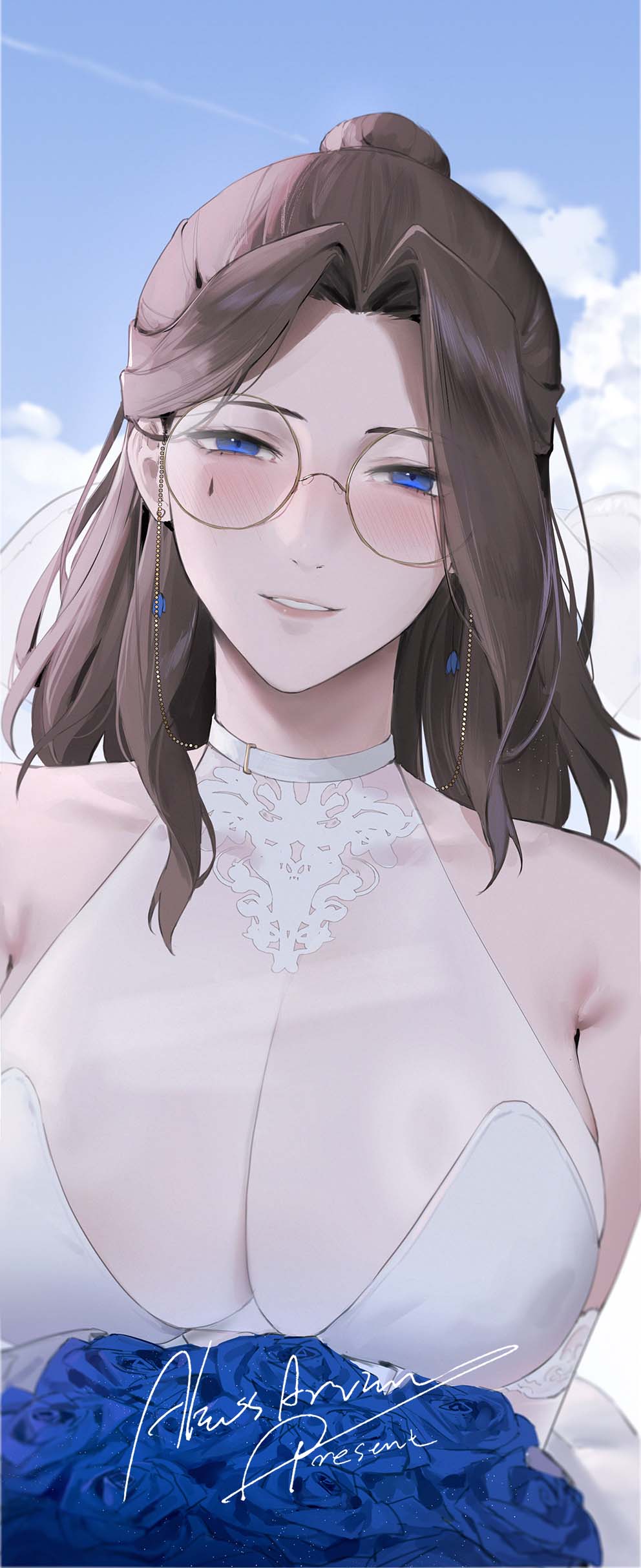 1girl absurdres alios_arvin bare_shoulders blue_eyes blue_flower blue_sky blush bouquet breasts brown_hair chinese_commentary cleavage cloud commentary_request detached_sleeves dress earrings flower glasses highres holding holding_bouquet inoue_iris_(sdustz) jewelry large_breasts lips looking_at_viewer original parted_lips round_eyewear see-through see-through_cleavage signature sky sleeveless sleeveless_dress solo teeth wedding_dress white_dress