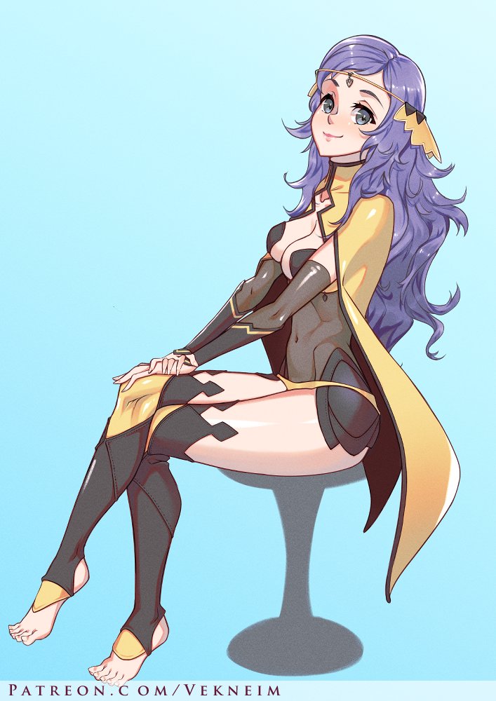 1girl black_bridal_gauntlets bodystocking bridal_gauntlets circlet commission fire_emblem fire_emblem_fates gold_cape grey_eyes heel-less_legwear hip_armor long_hair looking_at_viewer ophelia_(fire_emblem) panties purple_hair toeless_legwear toes underwear vekneim yellow_panties