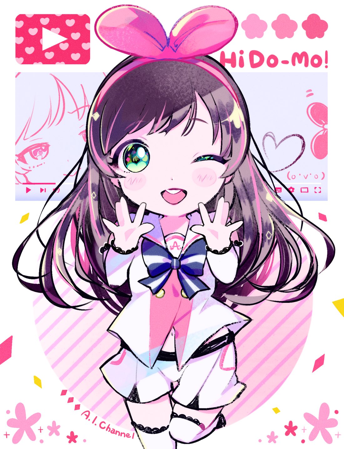 1girl ;d blue_bow bow brown_hair commentary detached_sleeves foot_out_of_frame green_eyes hairband highres kiato kizuna_ai kizuna_ai_inc. long_hair looking_at_viewer multicolored_hair one_eye_closed open_hands open_mouth pink_background pink_bow pink_hair pink_hairband sailor_collar shirt shorts smile solo standing standing_on_one_leg streaked_hair symbol-only_commentary virtual_youtuber white_shirt white_shorts youtube_logo