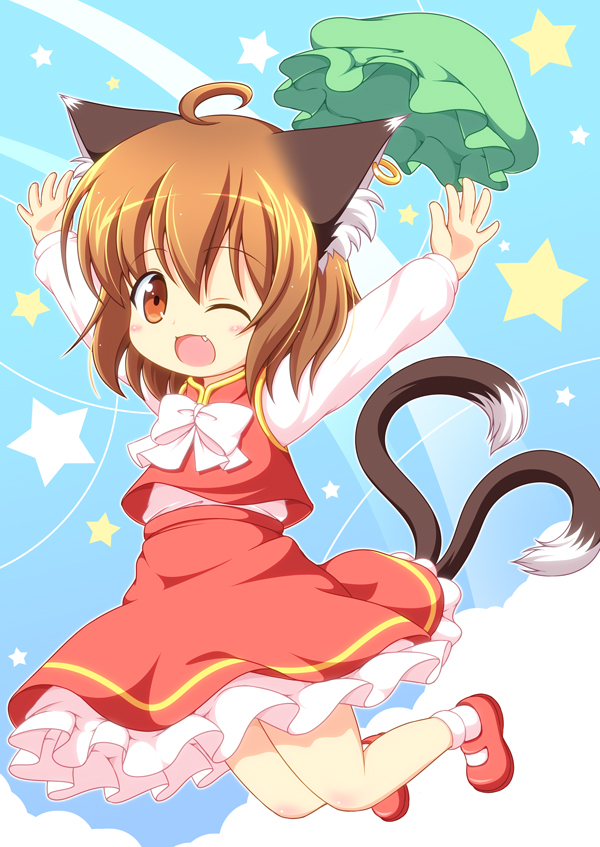 ahoge animal_ears arms_up bare_legs blush bow brown_eyes brown_hair cat_ears cat_tail chen fang hat hat_removed headwear_removed jewelry jumping long_sleeves multiple_tails nekomata one_eye_closed open_mouth pila-pela shirt short_hair single_earring skirt skirt_set solo star tail touhou vest