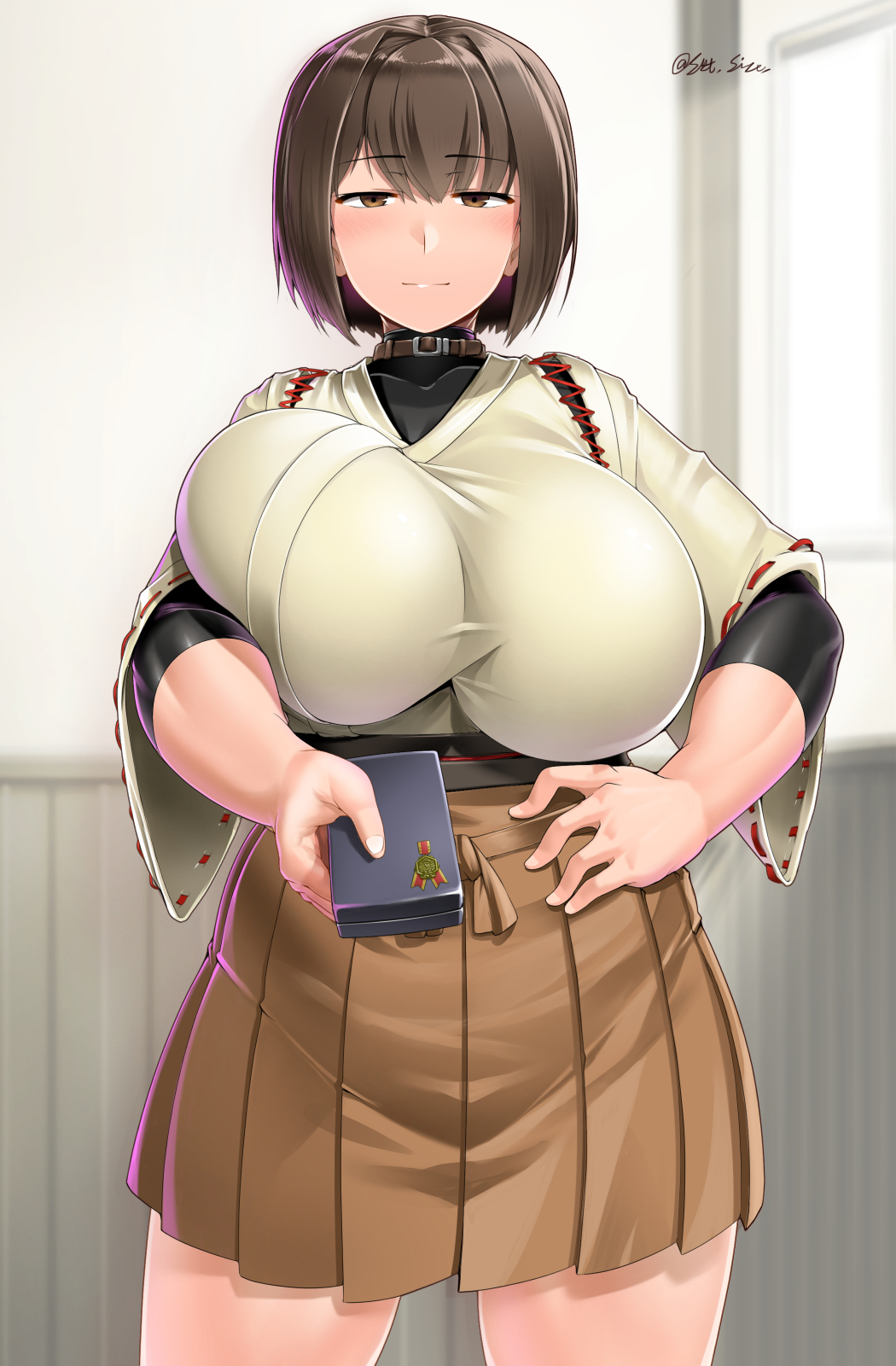 box breasts brown_eyes brown_hair brown_hakama brown_skirt choker cowboy_shot hakama hakama_short_skirt hakama_skirt hand_on_own_hip highres huge_breasts hyuuga_(kancolle) japanese_clothes kantai_collection saizu_nitou_gunsou short_hair skirt smile undershirt