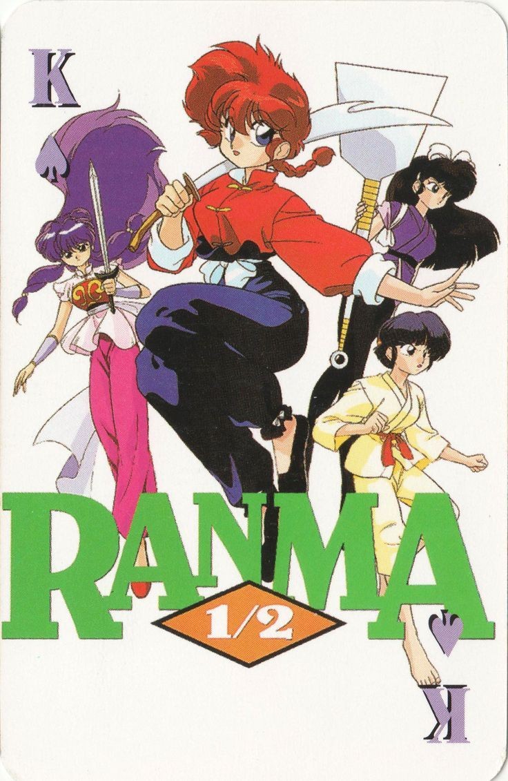 4girls barefoot blue_eyes bow braid braided_ponytail breasts card_(medium) holding holding_spatula holding_sword holding_weapon kuonji_ukyou multiple_girls official_art purple_hair ranma-chan ranma_1/2 red_hair retro_artstyle shampoo_(ranma_1/2) spatula sword tendou_akane weapon white_bow