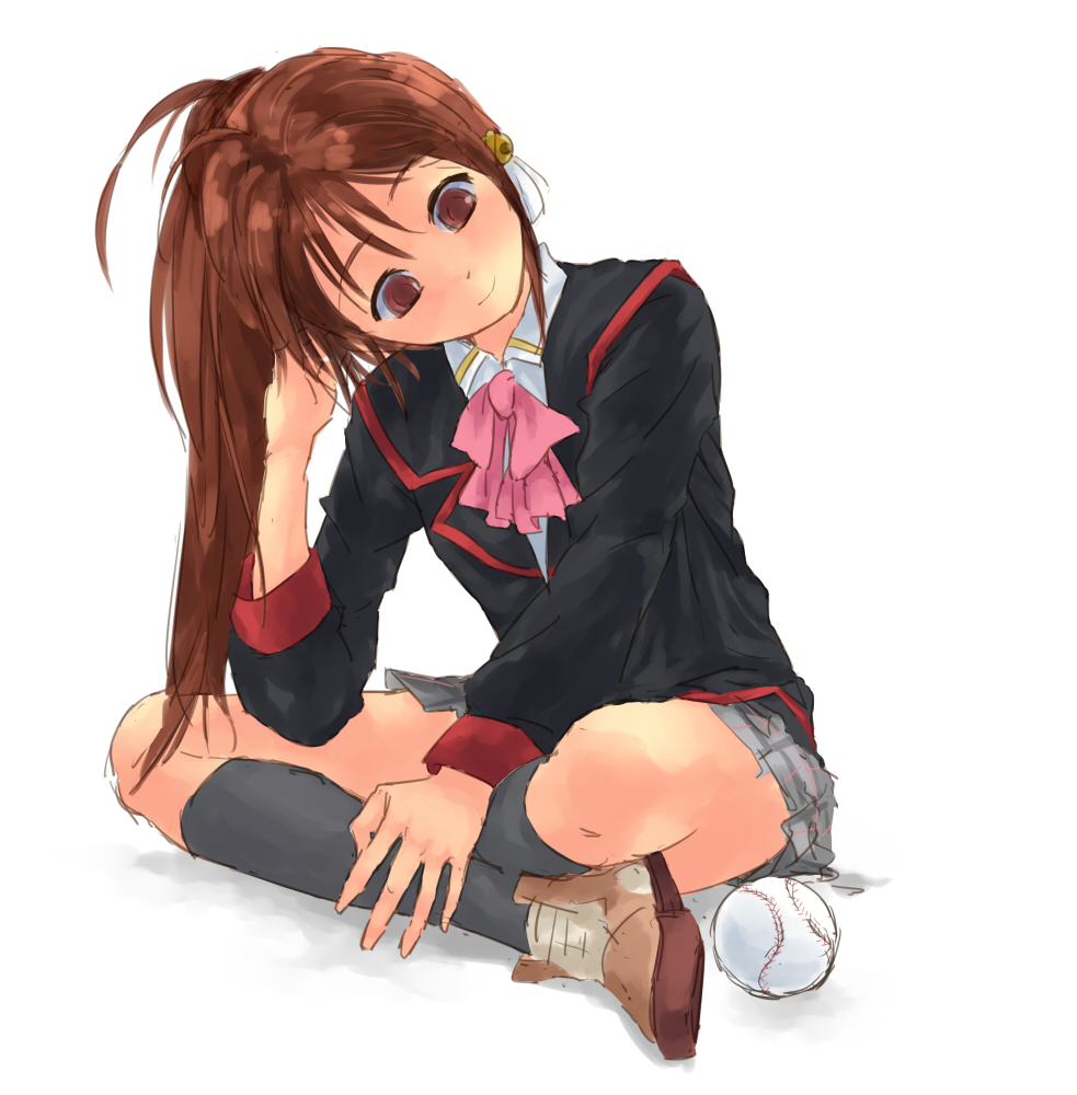 baseball bow brown_hair fukoujiman indian_style little_busters! long_hair natsume_rin pink_bow plaid plaid_skirt ponytail red_eyes school_uniform sitting skirt