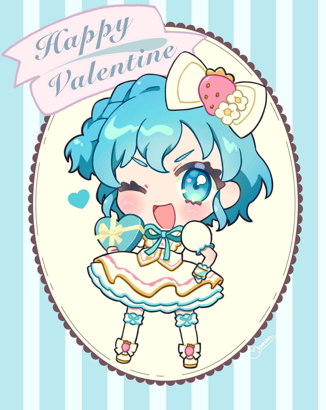 1girl ;d blue_background blue_eyes blue_hair box chibi commentary_request dorothy_west dress full_body gift gift_box hand_on_own_hip happy_valentine heart-shaped_box highres holding holding_gift looking_at_viewer momokan_(mmkn100) one_eye_closed open_mouth pretty_series pripara puffy_short_sleeves puffy_sleeves short_hair short_sleeves smile solo striped_background white_dress