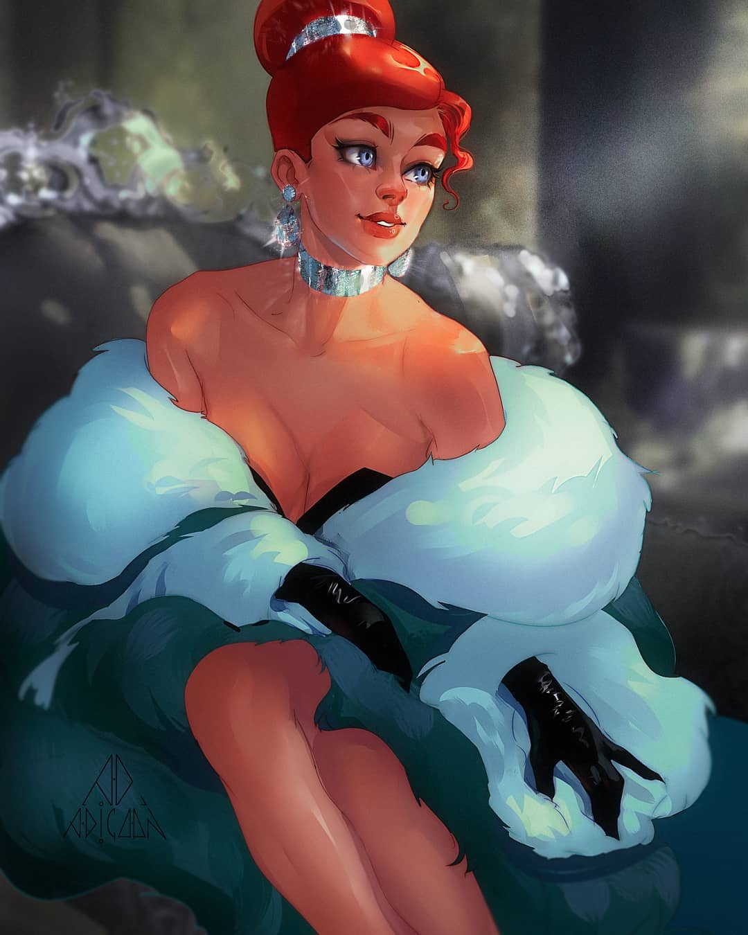 1girl adicoon anastasia_(1997) anya_(anastasia) bad_source black_gloves blue_eyes choker coat dress earrings elbow_gloves english_commentary fur_coat gloves hair_bun highres jewelry looking_to_the_side mixed-language_commentary red_hair russian_commentary signature sitting strapless strapless_dress