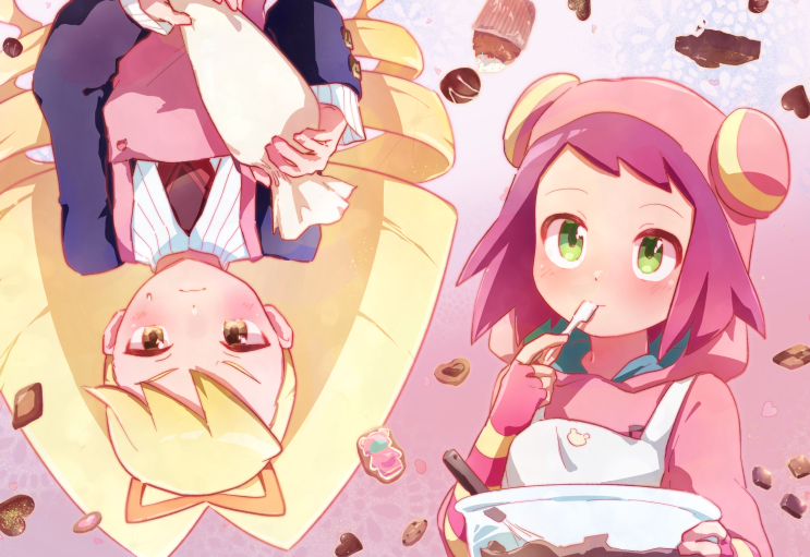 2girls batter blonde_hair blush brown_eyes candy chocolate drill_hair food green_eyes heart heart-shaped_chocolate hood hood_up hoodie icing kika_tohoku long_hair long_sleeves luna_platz_(mega_man) mega_man_(series) mega_man_star_force mixing_bowl multiple_girls pink_hair rotational_symmetry short_hair sonia_strumm_(mega_man) twin_drills utensil_in_mouth whisk