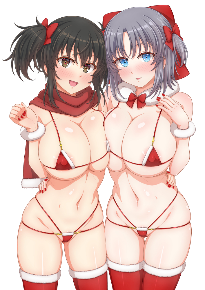 2girls :d alternate_hairstyle areola_slip arm_around_waist armpit_crease asuka_(senran_kagura) asymmetrical_docking bare_shoulders bikini black_hair blue_eyes blush body_blush bow bowtie breast_press breasts brown_eyes cleavage covered_nipples cowboy_shot detached_collar fur-trimmed_bikini fur-trimmed_scarf fur-trimmed_thighhighs fur_bracelet fur_collar fur_trim grey_hair groin hair_bow hand_on_another's_hip highleg highleg_bikini large_breasts linea_alba looking_at_viewer lowleg lowleg_bikini micro_bikini multiple_girls nail_polish navel open_mouth red_bikini red_bow red_bowtie red_nails red_scarf red_thighhighs santa_bikini scarf senran_kagura senran_kagura_shinovi_versus senran_kagura_shoujo-tachi_no_shin'ei shakunetsujigoku shiny_skin short_hair sidelocks simple_background skindentation smile stomach string_bikini swimsuit thighhighs thong_bikini twintails underboob white_background wrist_cuffs yumi_(senran_kagura)