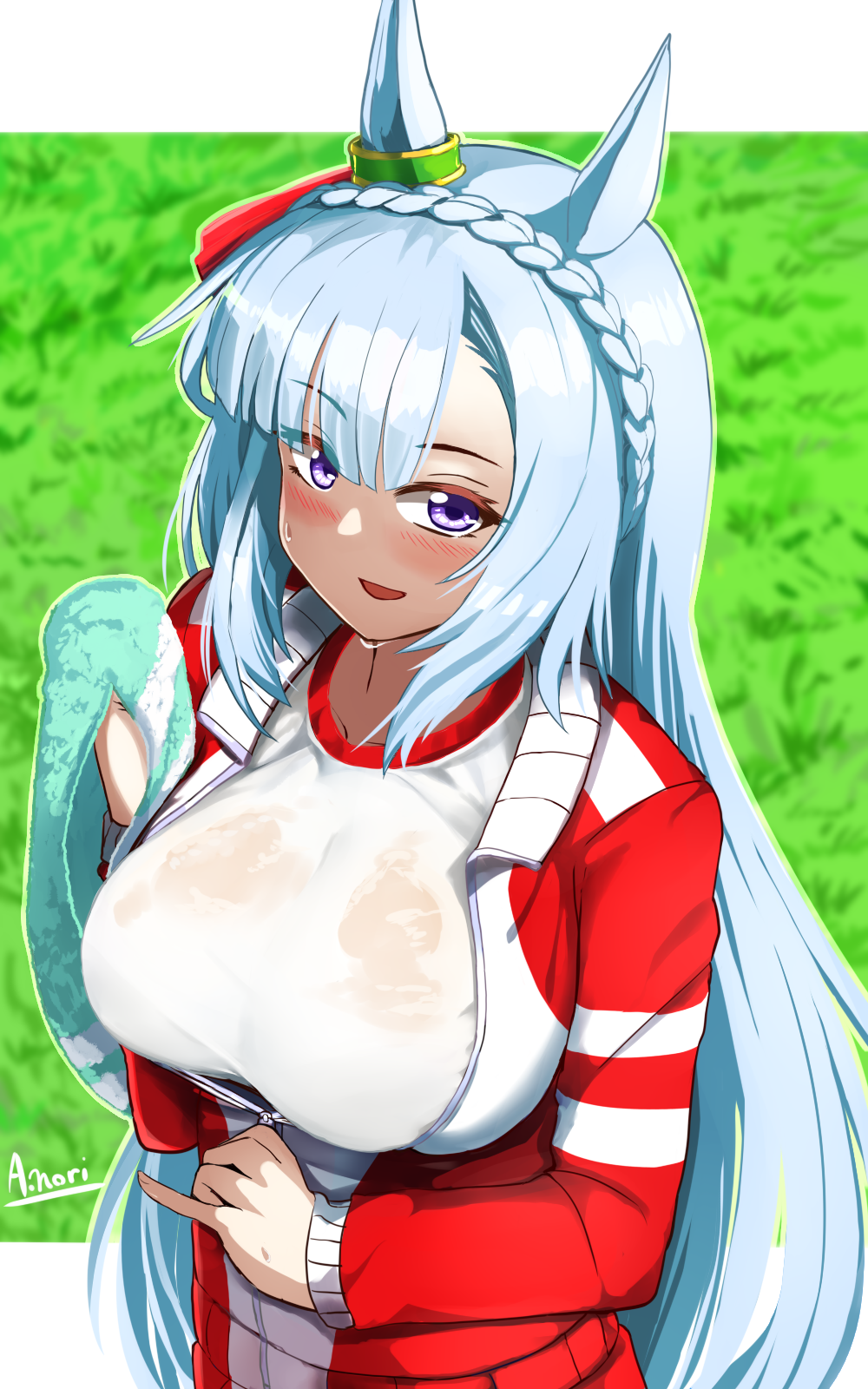 1girl a.nori animal_ears artist_name blue_hair blurry blurry_background blush braid breasts commentary_request crown_braid ear_ornament grass highres holding holding_towel horse_ears horse_girl horse_tail jacket large_breasts light_blue_hair long_hair long_sleeves mejiro_ardan_(umamusume) open_mouth outdoors pants partially_unzipped purple_eyes red_jacket shirt smile solo sweat tail towel tracen_training_uniform track_jacket track_pants umamusume very_long_hair white_shirt