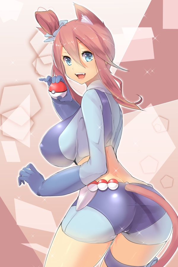 animal_ears ass blue_eyes breasts cat_ears cat_tail covered_nipples fang from_behind fuuro_(pokemon) gloves gym_leader hair_ornament holding holding_poke_ball huge_breasts kemonomimi_mode magister_(medical_whiskey) midriff open_mouth poke_ball pokemon pokemon_(game) pokemon_bw red_hair scrunchie shorts smile solo tail tail_through_clothes thigh_strap topknot